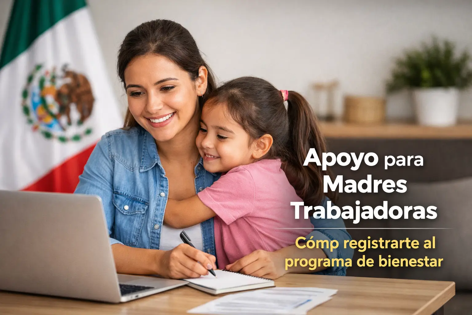 Mulher e criança sorrindo com laptop, bandeira do México ao fundo