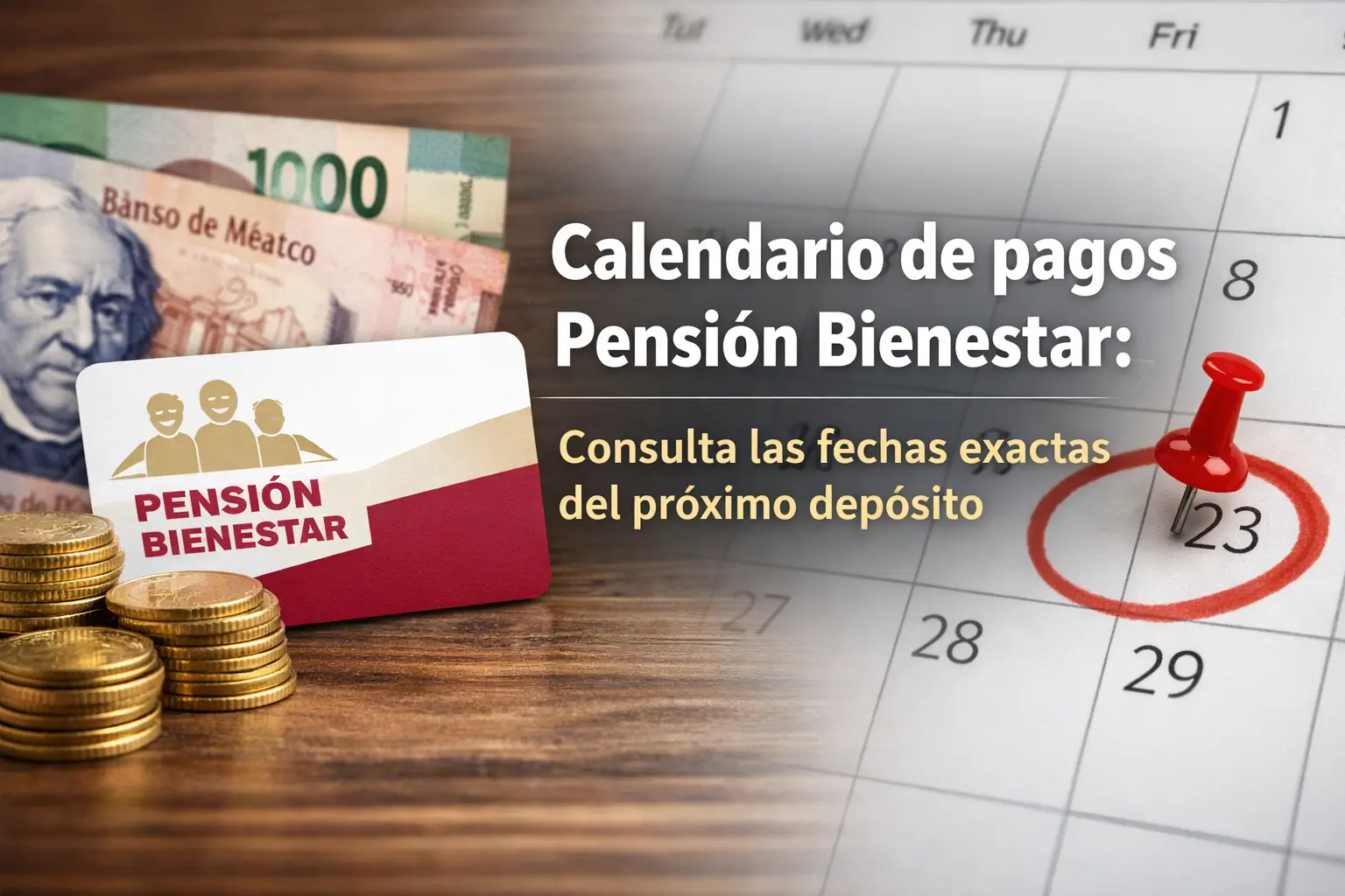 Calendário de pagamentos do Pensión Bienestar com moedas e cartão