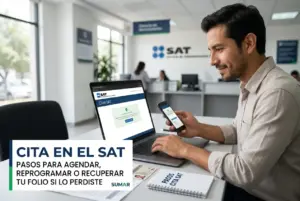 Homem utilizando laptop e smartphone para agendar no site da SAT