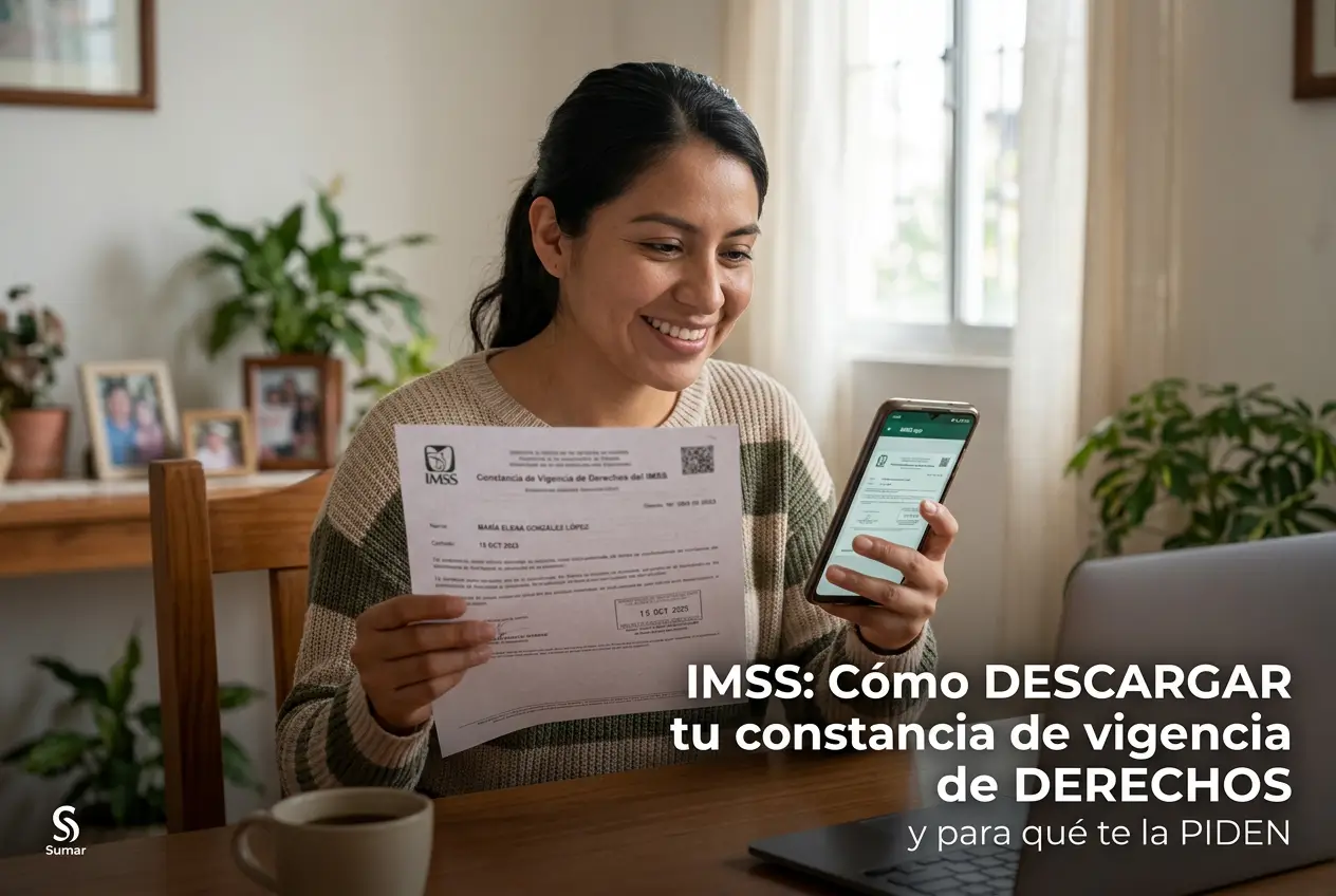 Mulher segurando documento do IMSS e celular sorrindo