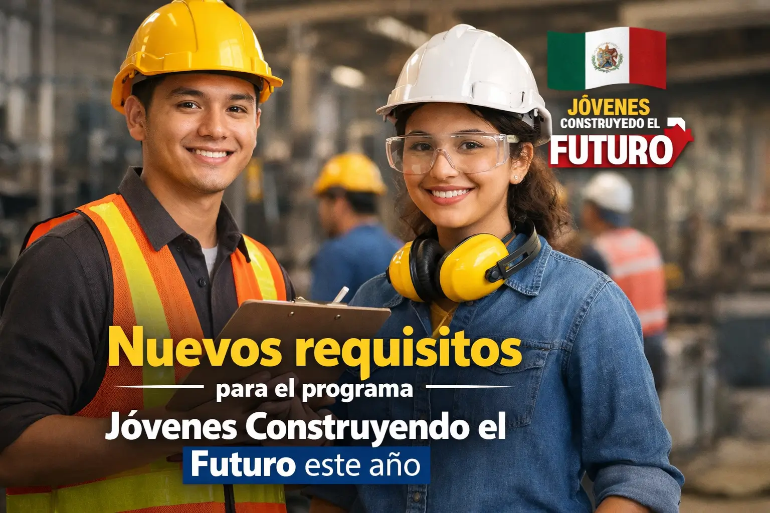 Dois jovens trabalhadores em construção com capacetes colaboram em 2026