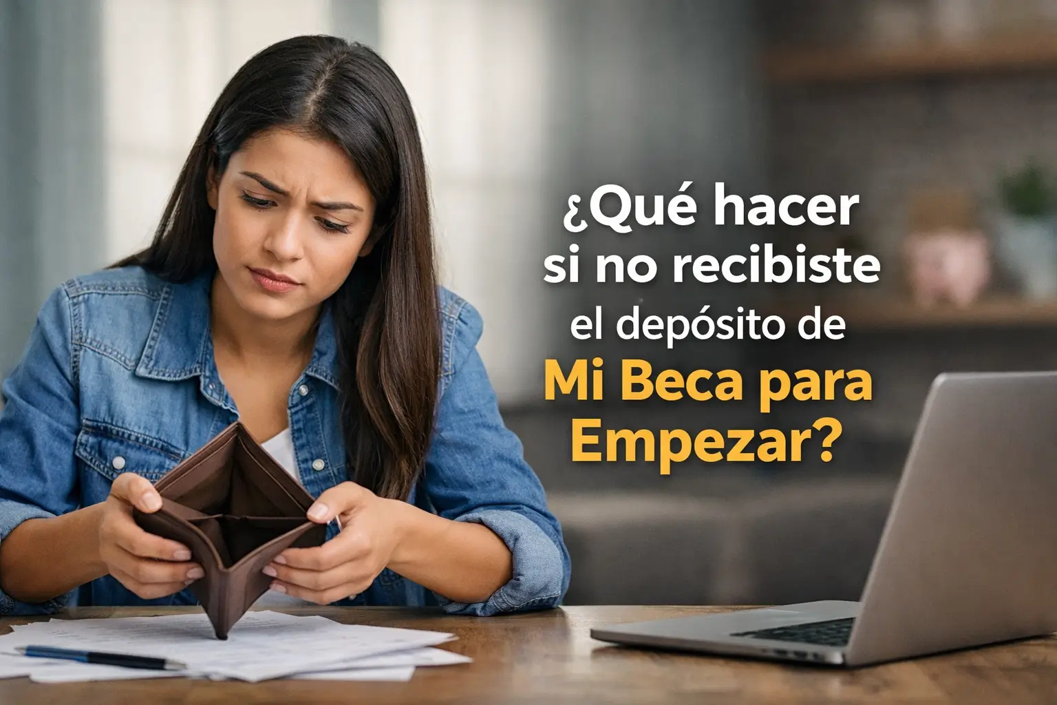 Mulher preocupada segurando carteira vazia na bolsa Mi Beca para Empezar