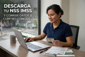 Mulher sorrindo com cartão identificação e laptop sobre mesa