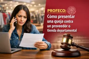 Mulher preocupada lê documento e fala ao telefone em loja