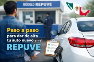 Homem no módulo REPUBE com carro e mapa do México