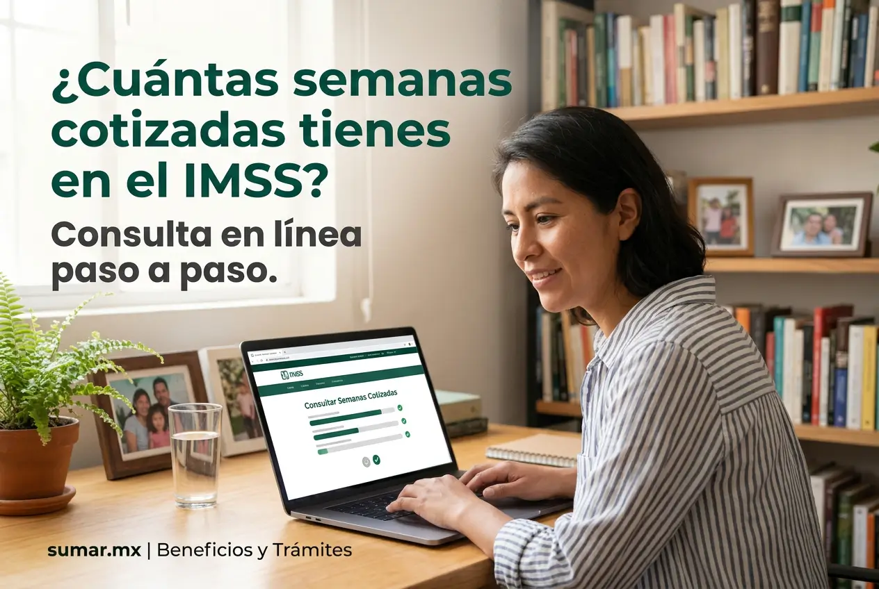 Mulher usando laptop para consultar semanas no IMSS