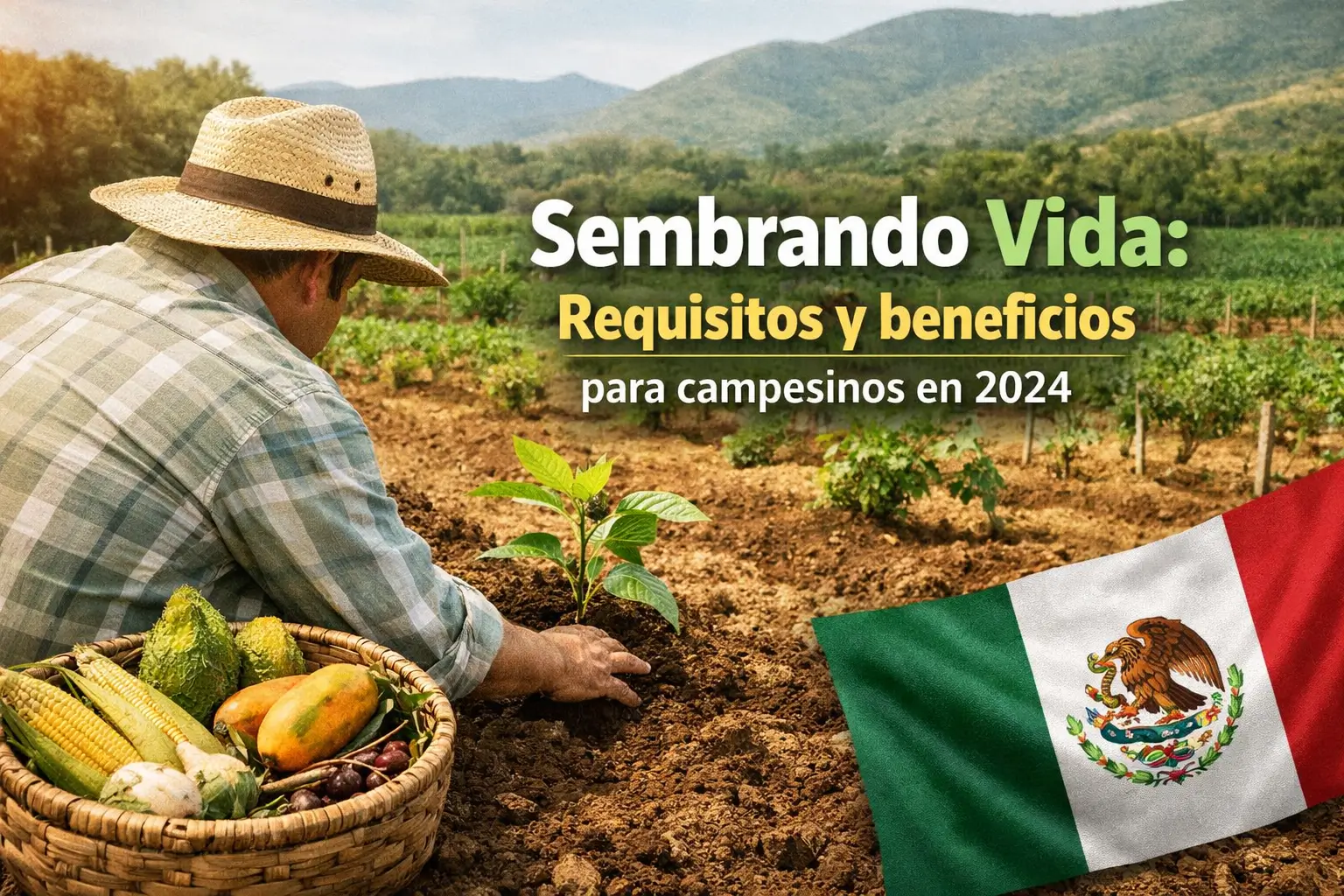 Fazendeiro plantando mudas com bandeira do México e cesta de frutas
