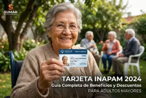 Idosa sorrindo com cartão TARJETA INAPAM 2024 no jardim