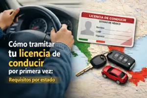 Mãos no volante com mapa do México e licença de conduzir